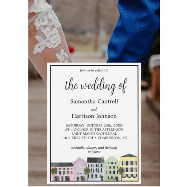 Convite Charleston Watercolor Rainbow Row Wedding (Criador carregado)
