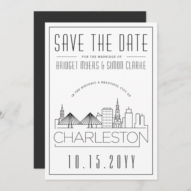 Convite Charleston Wedding Stylized Skyline Salvar a Data (Frente/Verso)