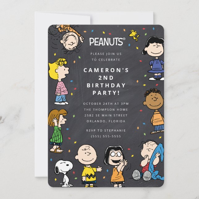 Convite Charlie Brown & Gang Chalkboard Confetti Aniversár (Frente)