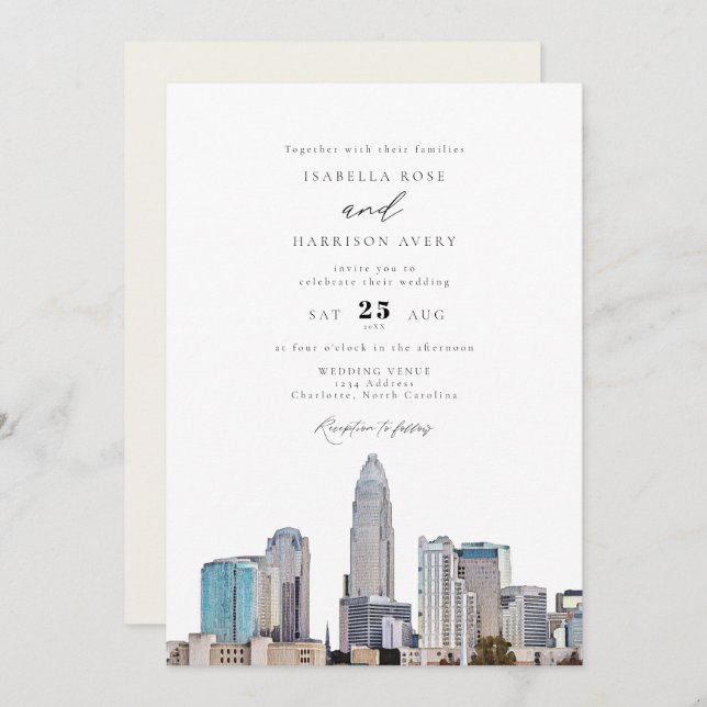 Convite CHARLOTTE NORTH CAROLINA City Skyline Wedding (Frente/Verso)