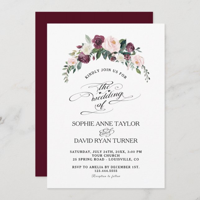 Convite Charm Burgundy Blush Ivory Floral Bloom Casamento (Frente/Verso)