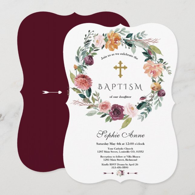 Convite Charm Burgundy Blush Ivory Floral Wreath Baptism (Frente/Verso)