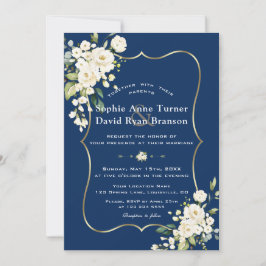 Convite Charm Delicate White Floral Dourado Casamento Azul