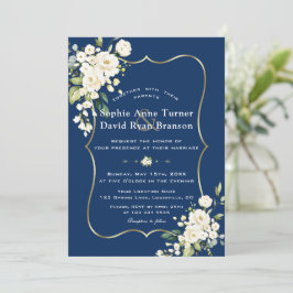 Convite Charm Delicate White Floral Dourado Casamento Azul