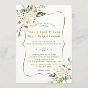 Convite Charm Delicate White Flowers Casamento Dourado de