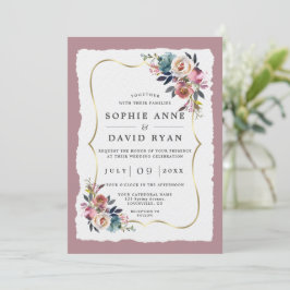 Convite Charm Dusty Blue Flowers Misty Rosa Dourado Casame