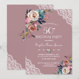 Convite Charm Dusty Blue Rosa Flores 50º Aniversário