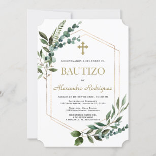 Convite Charm espanhol Bautizo Greenery Dourado Boy Baptis