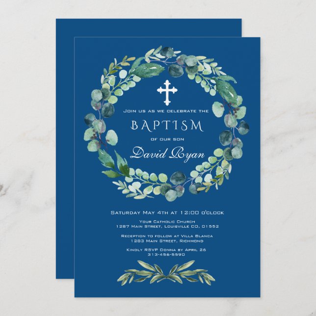 Convite Charm Eucalyptus Foliage Classic Blue Boy Baptism (Frente/Verso)