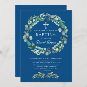 Convite Charm Eucalyptus Foliage Classic Blue Boy Baptism