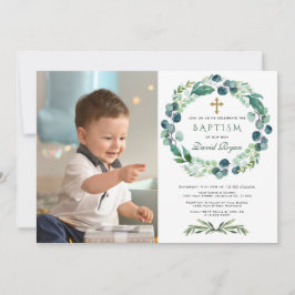 Convite Charm Eucalyptus Foliage Wreath Boy Foto Baptism