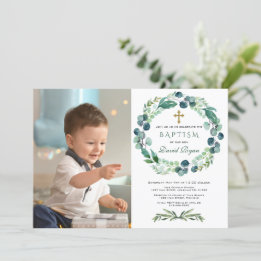 Convite Charm Eucalyptus Foliage Wreath Boy Foto Baptism