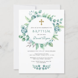 Convite Charm Eucalyptus Greenery Wreath Cross Boy Baptism