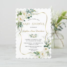 Convite Charm Ivory White Flowers Dourado Chá de fraldas