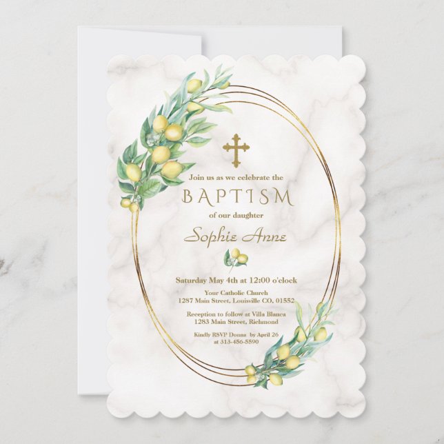Convite Charm Lemon Fruta Marble Dourado Cross Baptism (Frente)