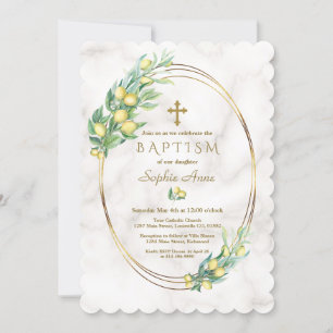 Convite Charm Lemon Fruta Marble Dourado Cross Baptism