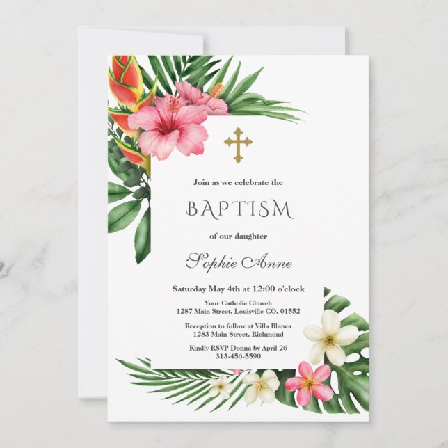 Convite Charm Luau Tropical Hibiscus Floral Baptism (Frente)