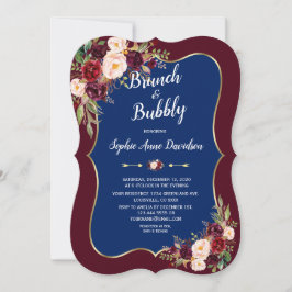 Convite Charm Marinho Blue Burgundy Floral Brunch & Bubble