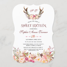 Convite Charm Pink Blush Floral Antlers Monograma Sweet 16