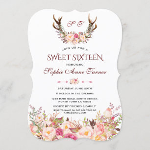 Convite Charm Pink Blush Floral Antlers Monograma Sweet 16