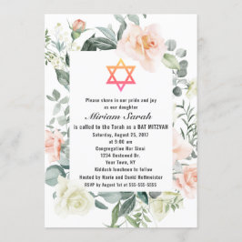 Convite Charm Pink Blush Flowers Star: David Bat Mitzvah