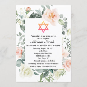 Convite Charm Pink Blush Flowers Star: David Bat Mitzvah