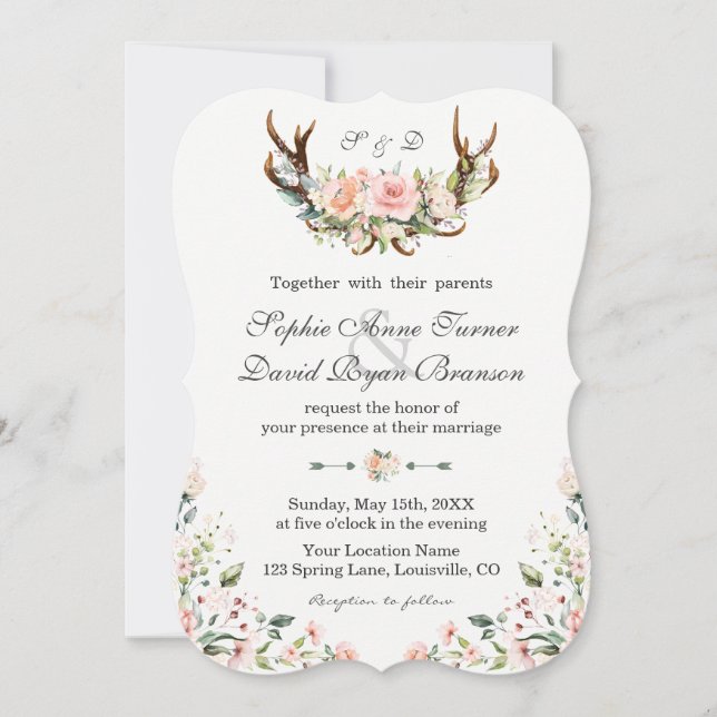 Convite Charm Pink Cream Floral Antlers Casamento (Frente)