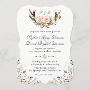 Convite Charm Pink Cream Floral Antlers Casamento