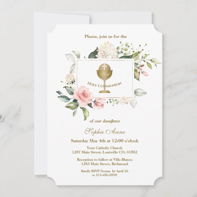 Convite Charm Pink Flowers Frame Girl First Santa Comunhão (Frente)