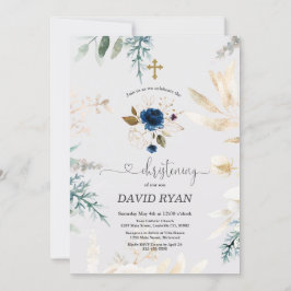 Convite Charm Watercolor Blue Floral Dourado Christening