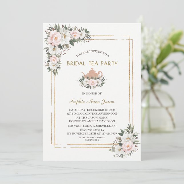 Convite Charm White Blush Flores Douradas Bridal Tea Party (Em pé/Frente)