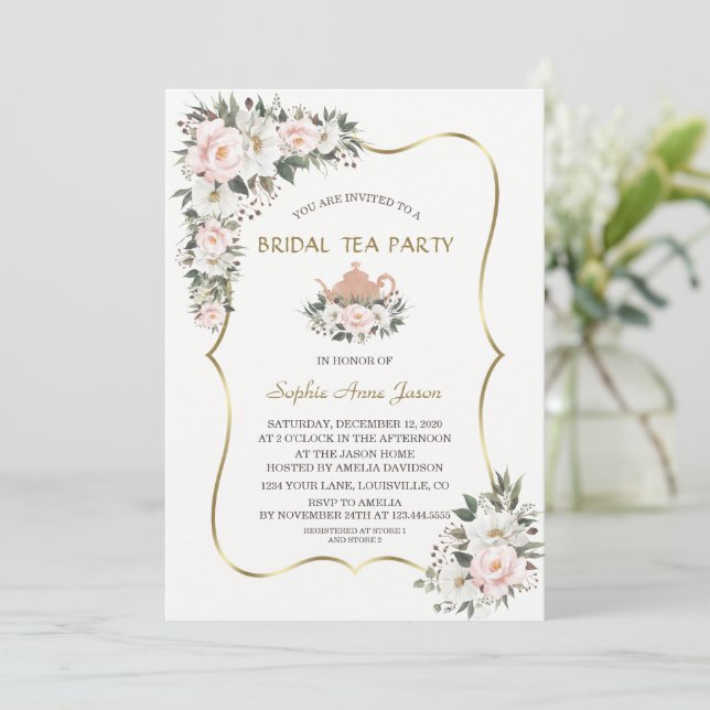 Convite Charm White Blush Flowers Dourado Bridal Tea Party (Em pé/Frente)