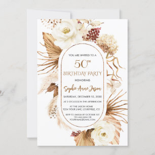 Convite Charm White Floral Pampas Grass Palm 50º Aniversár