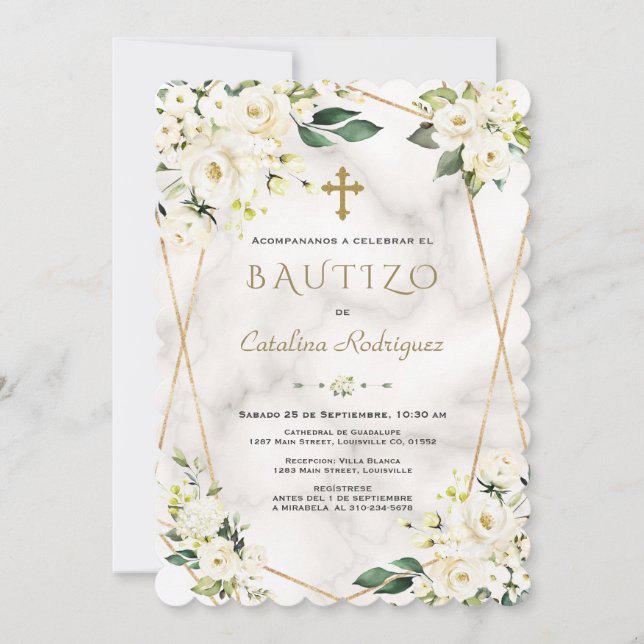 Convite Charm White Floral Spain Invitación De Bautizo (Frente)