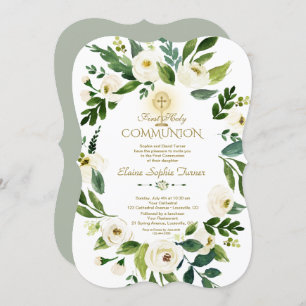 Convite Charm White Floral Wreath Cross Santa Comunhão