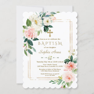 Convite Charm White Flowers Bloom Dourado Baptismo
