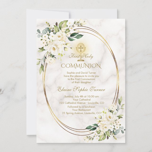 Convite Charm White Flowers Marble Dourada Comunhão Santa (Frente)