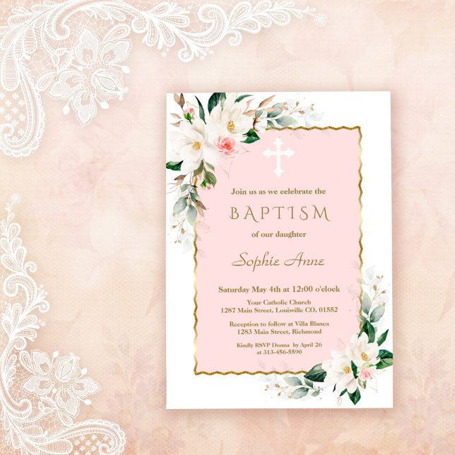 Convite Charm White Magnolia Rosa Dourado Batismo Floral (white magnolia baptism, trendy modern elegant baptism invitation, gold white floral baptism invite)