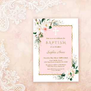 Convite Charme Branco Magnólia Rosa Dourado Floral Batismo