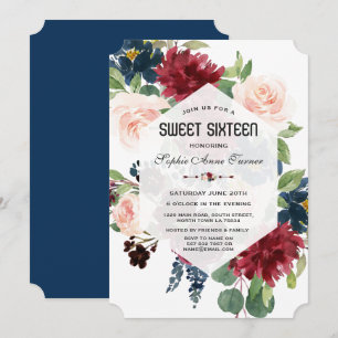 Convite Charme Burgundy Azul Marinho Floral Hexágono Sweet