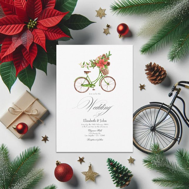 Convite Charme de Casamento no inverno de Bicicleta de Poi (Christmas Poinsettia Bicycle Winter Wedding Charm Invitation)