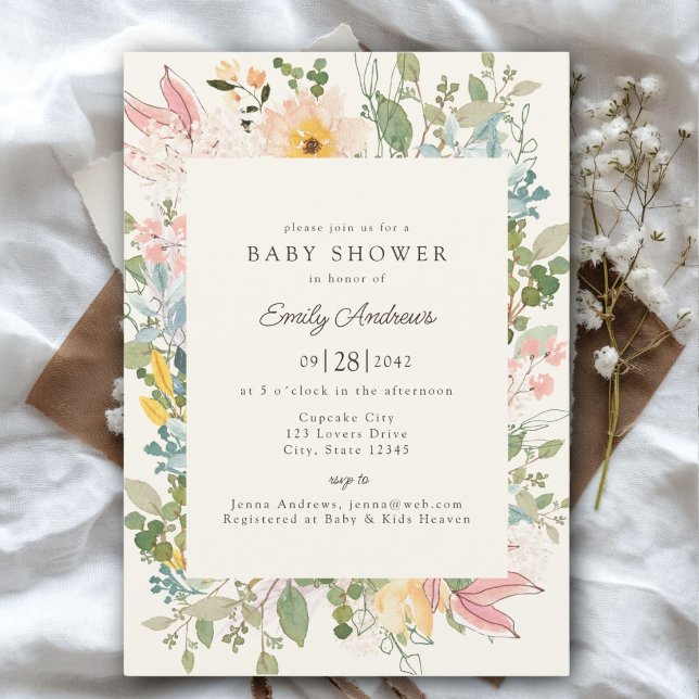 Convite Charme de Jardim de Flores Selvagens | Chá de fral (Wildflower Garden Charm | Baby Shower Beige - Pastel Invitation, Print & Download.)