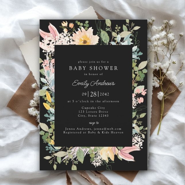 Convite Charme de Jardim de Flores Selvagens | Chá de fral (Wildflower Garden Charm | Baby Shower Black - White - Pastel Invitation, Print & Download.)