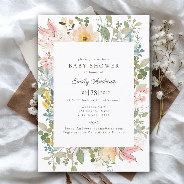 Convite Charme de Jardim de Flores Silvestres | Chá de Beb (Wildflower Garden Charm | Baby Shower White - Pastel Invitation, Print & Download.)