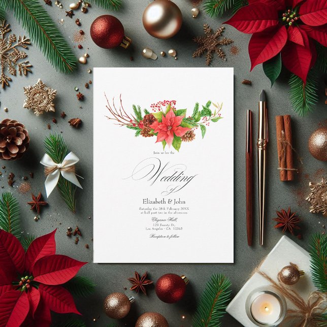 Convite Charme de Natal de Poinsettia e Pinheiro (Poinsettia and Pine Christmas Wedding Charm Invitation)