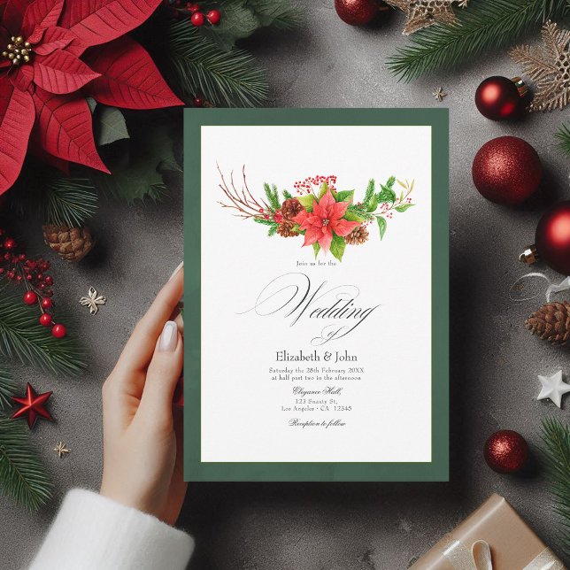 Convite Charme de Poinsettia e Casamento de Pine (Poinsettia and Pine Christmas Wedding Charm Invitation)