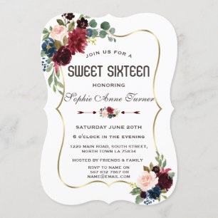Convite Charme Dourado Merlot Azul Floral Sweet 16