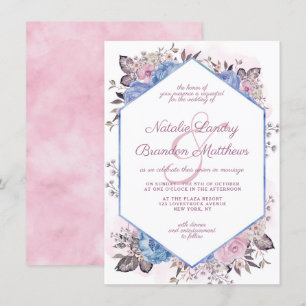 Convite Charme Parisiense Azul e Rosa Floral Hexágono Casa