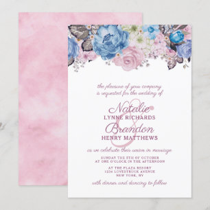 Convite Charme Parisiense Casamento Floral Chic Azul e Ros