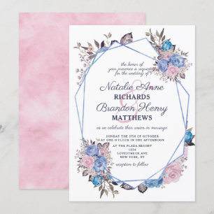 Convite Charme Parisiense Casamento Geométrico Azul e Rosa